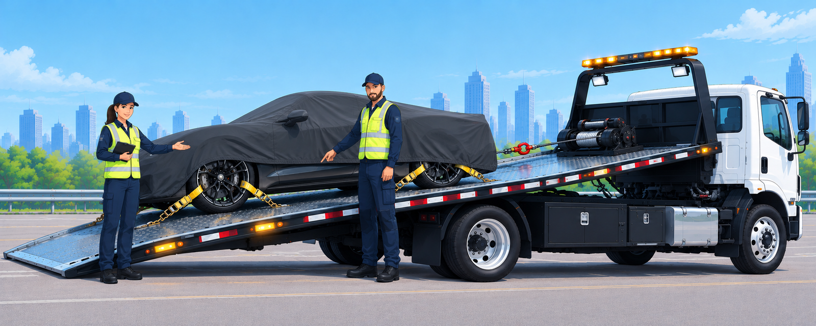 Flatbed tow truck loading a covered luxury vehicle